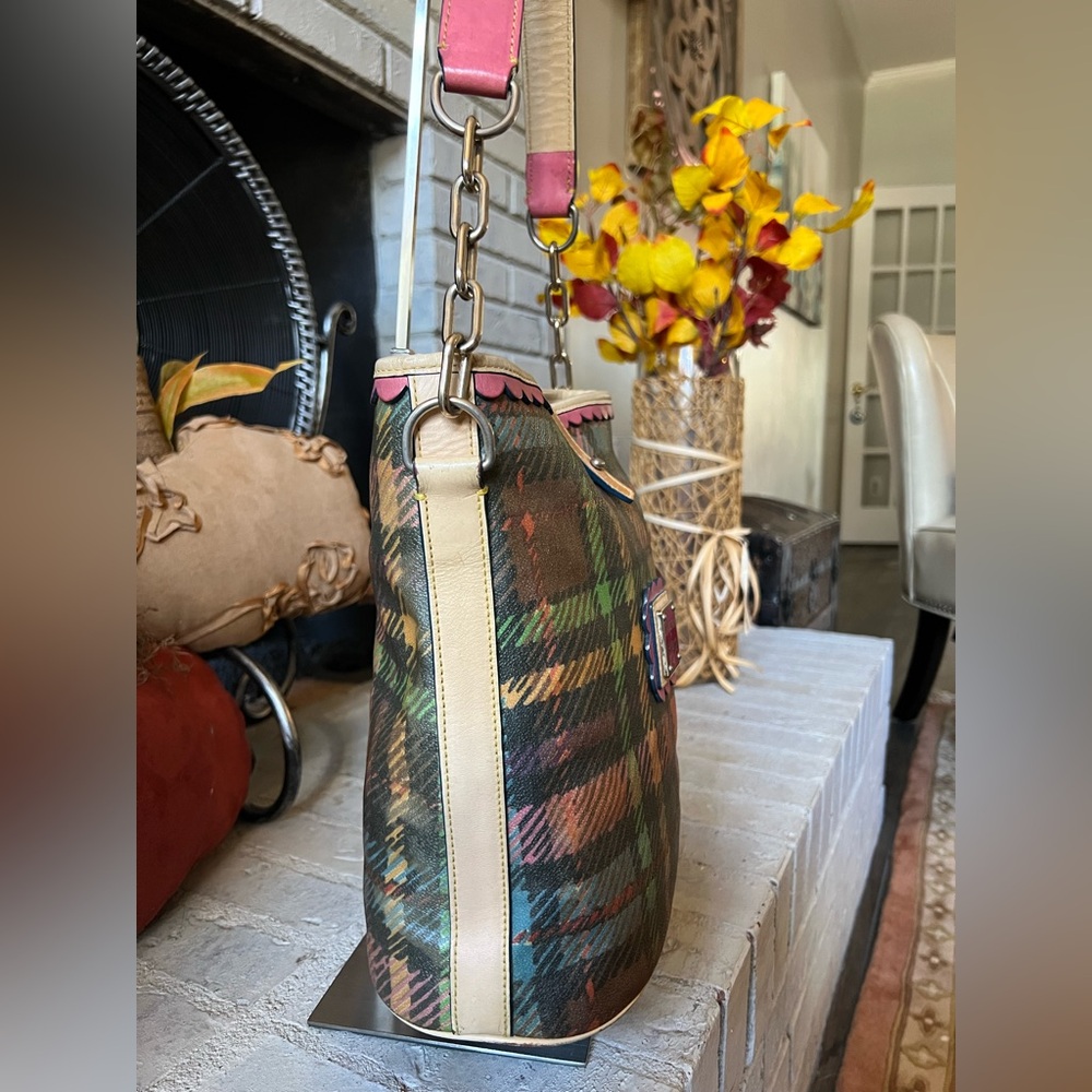 Dooney & Bourke Multicolor Rainbow Tartan Plaid Shoulder Bucket Bag - Picture 6 of 16